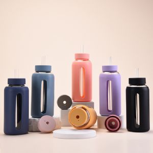 800ml Large-Capacity Silicone Sleeve Time Marked Borosilicate Glass Straw BottleHGB-044 Glass Bottle