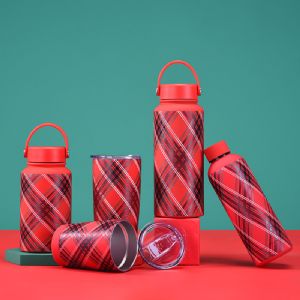 Christmas Theme Stainless Steel Vacuum Bottle (Red Plaid Set · Handle Style)Christmas Theme